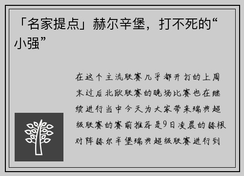 「名家提点」赫尔辛堡，打不死的“小强”