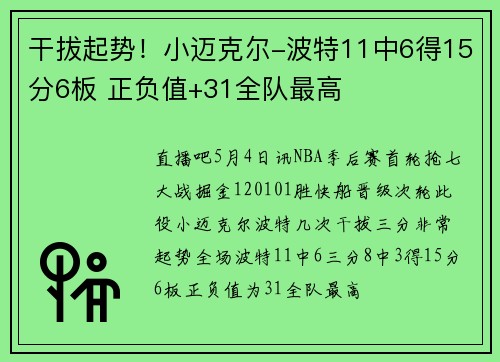 干拔起势！小迈克尔-波特11中6得15分6板 正负值+31全队最高